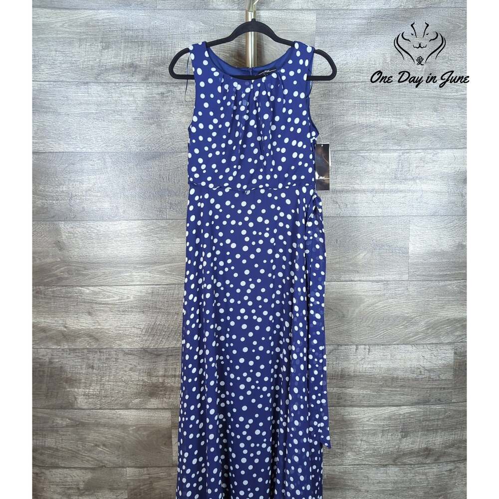 R&K Sleeveless Polka Dot Midi Maxi Dress Navy White Tie Waist NWT Size 4